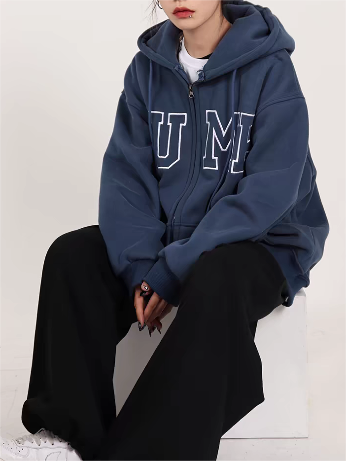 BLUE ZIP-UP HOODIE FOR MEN AND WOMEN, VERSATILE LOOSE HOODED LONG SLEEVE