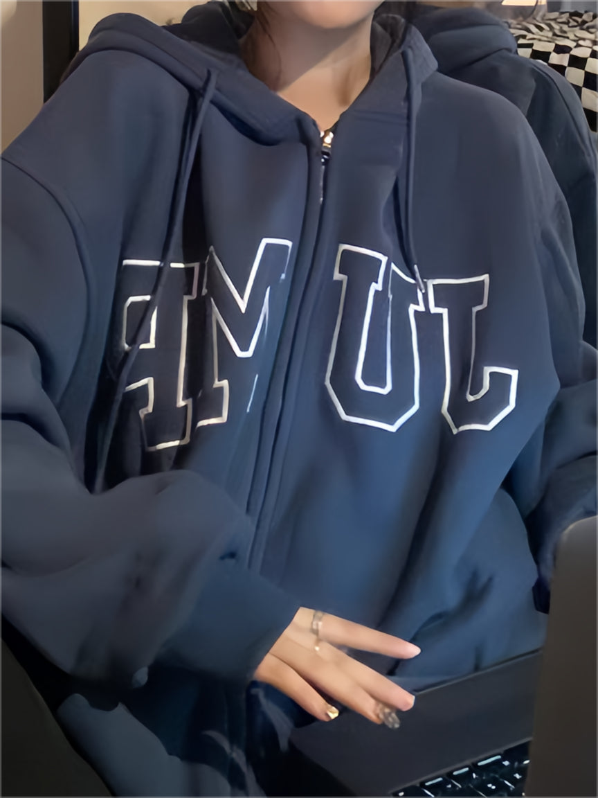 BLUE ZIP-UP HOODIE FOR MEN AND WOMEN, VERSATILE LOOSE HOODED LONG SLEEVE