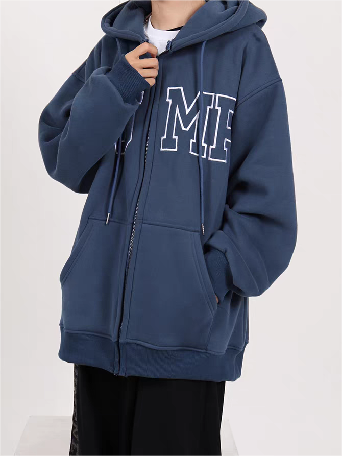BLUE ZIP-UP HOODIE FOR MEN AND WOMEN, VERSATILE LOOSE HOODED LONG SLEEVE