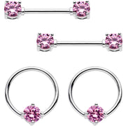 14G 9/16 Pink Gem BCR Captive Ring Barbell Nipple Ring Set