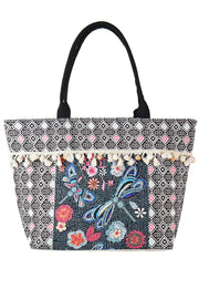 Boho and Dragonfly Print Tassel Summer Tote Bag