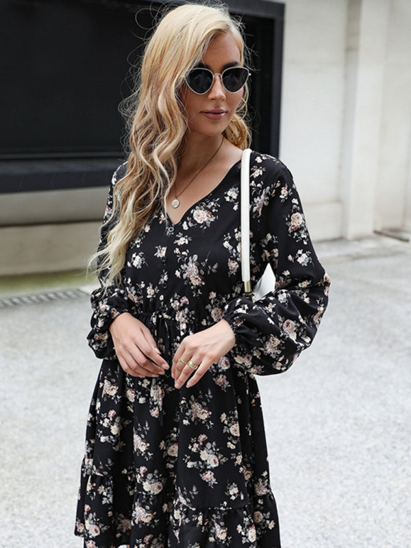 Boho Floral Print Long Sleeve Dress - Photo Color / S