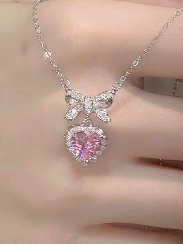 BOW ALLOY NECKLACE WITH PINK HEART PENDANT - BOW ALLOY ACCESSORIES