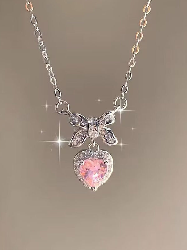 BOW ALLOY NECKLACE WITH PINK HEART PENDANT - BOW ALLOY ACCESSORIES