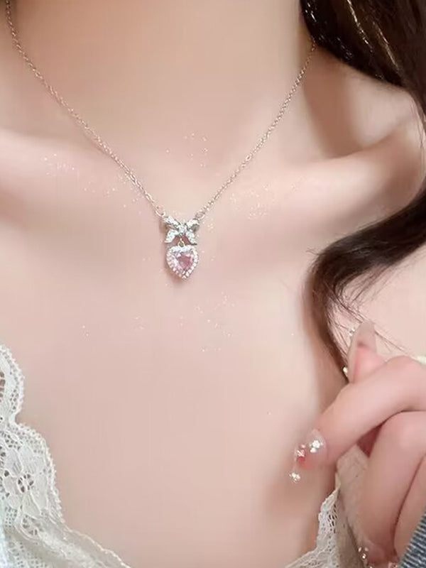 BOW ALLOY NECKLACE WITH PINK HEART PENDANT - BOW ALLOY ACCESSORIES
