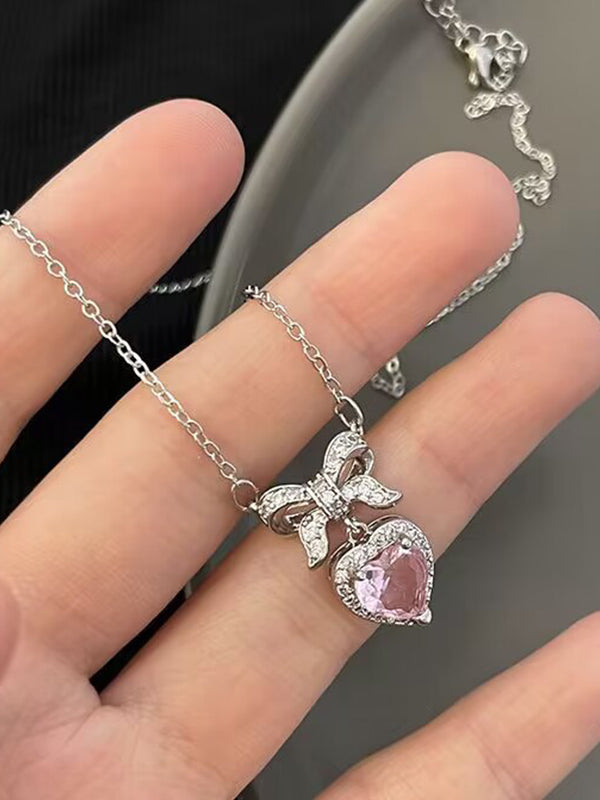 BOW ALLOY NECKLACE WITH PINK HEART PENDANT - BOW ALLOY ACCESSORIES
