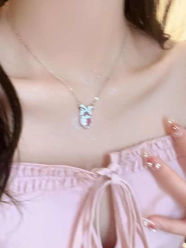 BOW ALLOY NECKLACE WITH PINK HEART PENDANT - BOW ALLOY ACCESSORIES