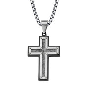 Mens Textured Black IP Cross Pendant With Box Chain