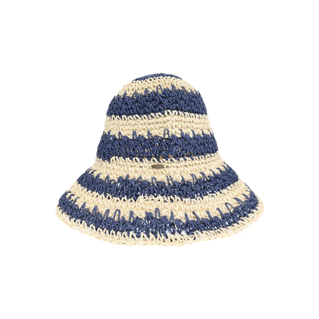 Broad Striped Paper Straw Hand Crochet C.C Bucket Hat