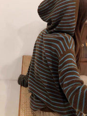 BROWN AND BLUE STRIPED HOODED SWEATER LOOSE FIT Y2K STYLE