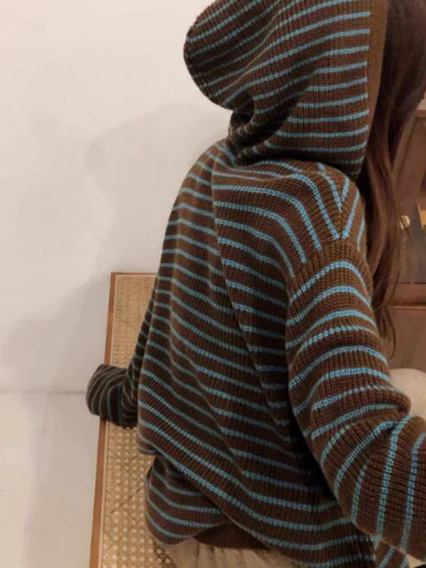BROWN AND BLUE STRIPED HOODED SWEATER LOOSE FIT Y2K STYLE