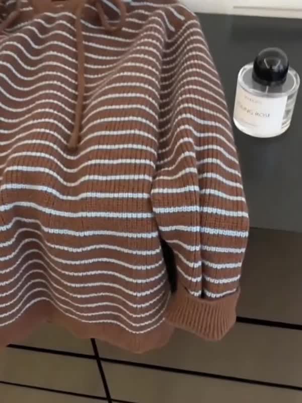 BROWN AND BLUE STRIPED HOODED SWEATER LOOSE FIT Y2K STYLE