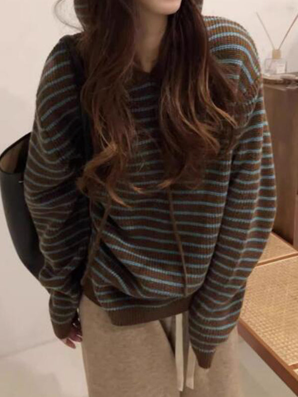 BROWN AND BLUE STRIPED HOODED SWEATER LOOSE FIT Y2K STYLE