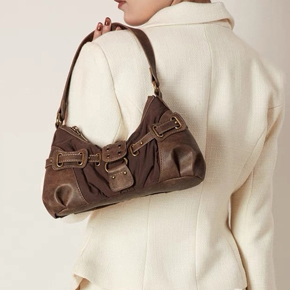 BROWN BAGUETTE BAG WITH Y2K BUCKLE ACCENTS