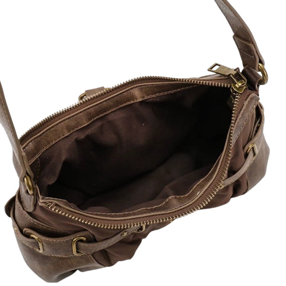 BROWN BAGUETTE BAG WITH Y2K BUCKLE ACCENTS