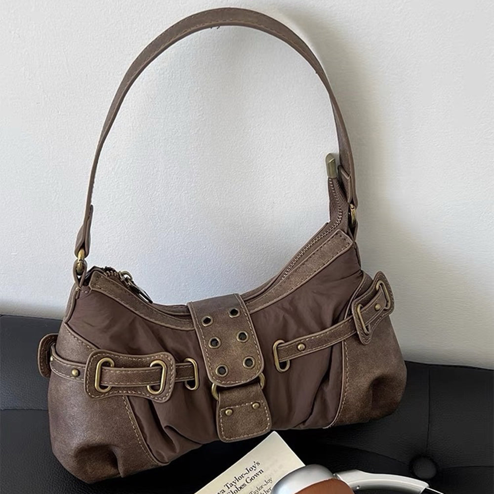 BROWN BAGUETTE BAG WITH Y2K BUCKLE ACCENTS