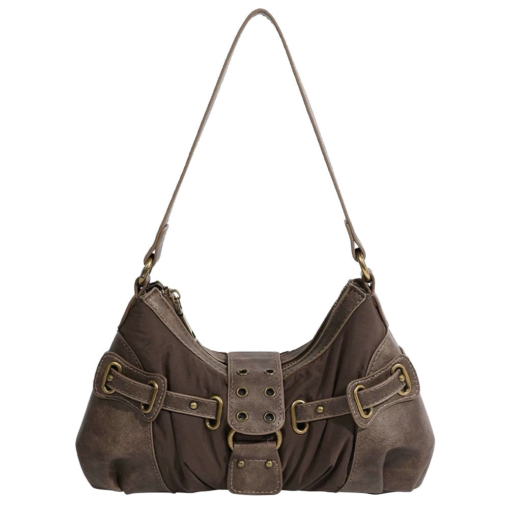 BROWN BAGUETTE BAG WITH Y2K BUCKLE ACCENTS