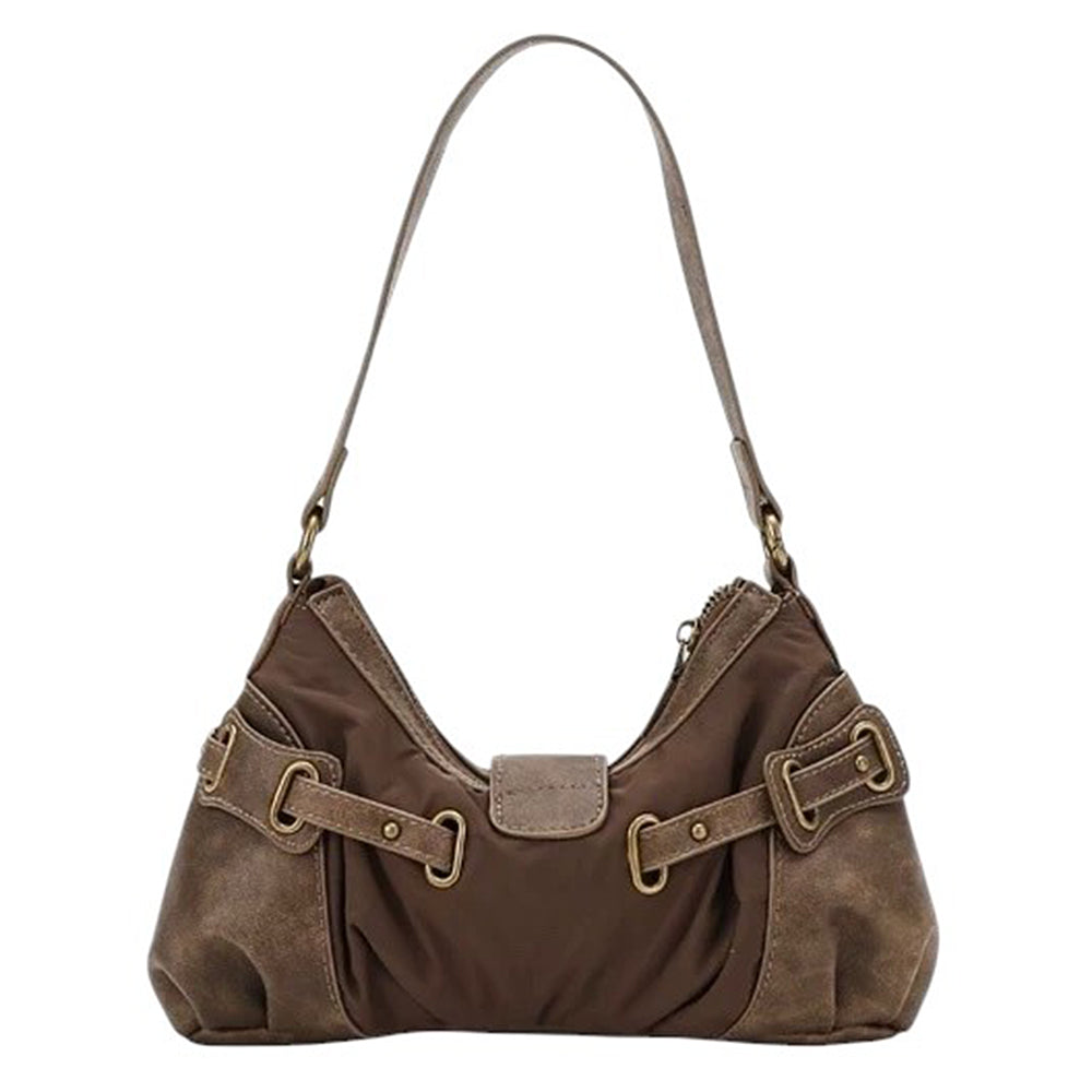 BROWN BAGUETTE BAG WITH Y2K BUCKLE ACCENTS