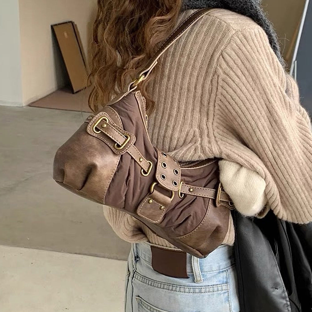 BROWN BAGUETTE BAG WITH Y2K BUCKLE ACCENTS