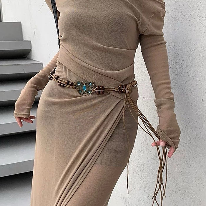 BROWN BUTTERFLY BELT BOHO BUTTERFLY BELT WITH METAL ACCENTS