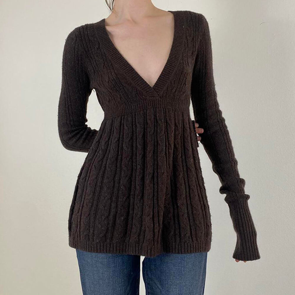 BROWN CABLE-KNIT SWEATER: DEEP V-NECK KNIT TOP