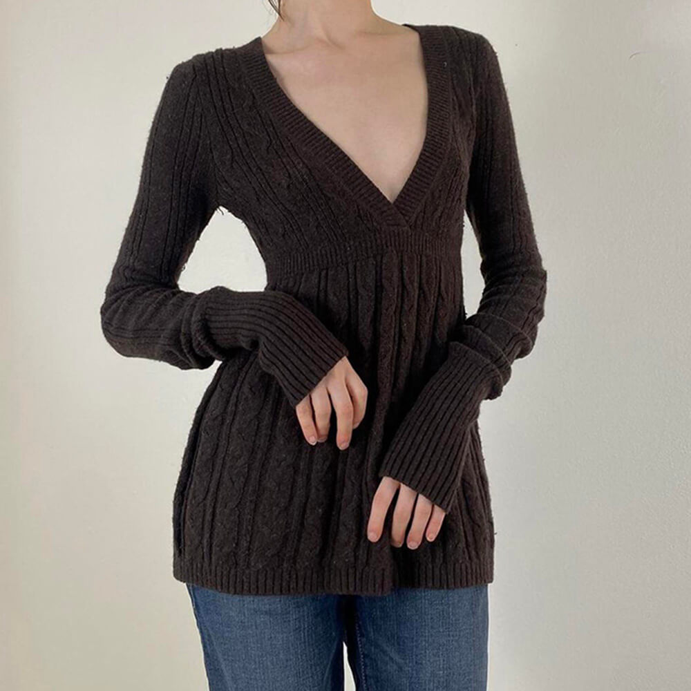 BROWN CABLE-KNIT SWEATER: DEEP V-NECK KNIT TOP
