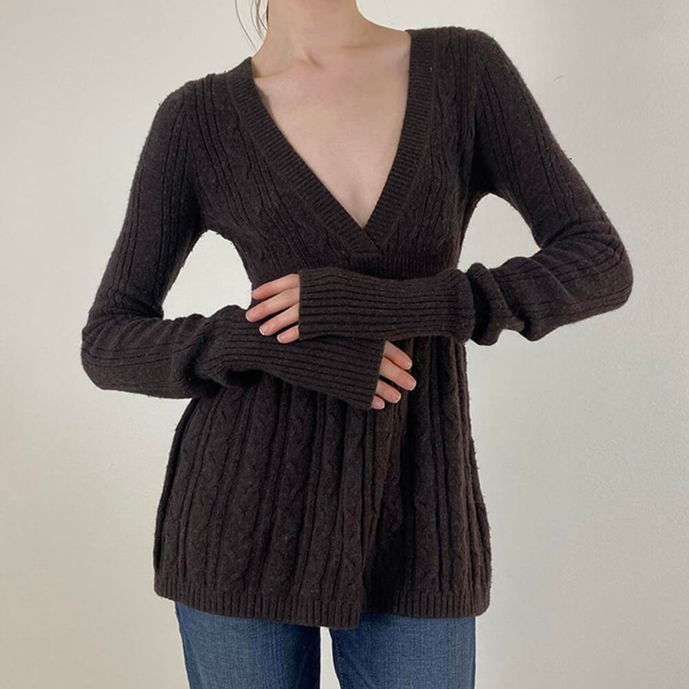 BROWN CABLE-KNIT SWEATER: DEEP V-NECK KNIT TOP