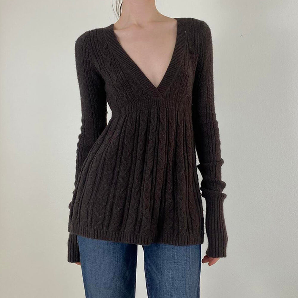 BROWN CABLE-KNIT SWEATER: DEEP V-NECK KNIT TOP