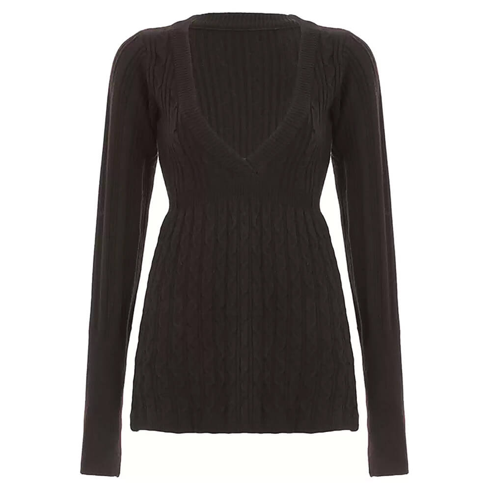 BROWN CABLE-KNIT SWEATER: DEEP V-NECK KNIT TOP
