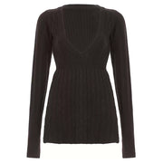 BROWN CABLE-KNIT SWEATER: DEEP V-NECK KNIT TOP
