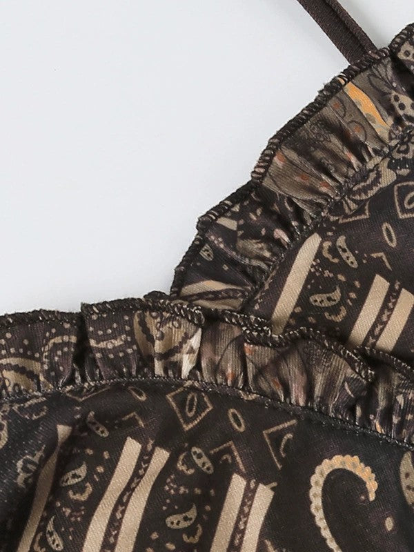 BROWN CAMISOLE TOP WITH PATTERNED BUST IN RICH BROWN TONES