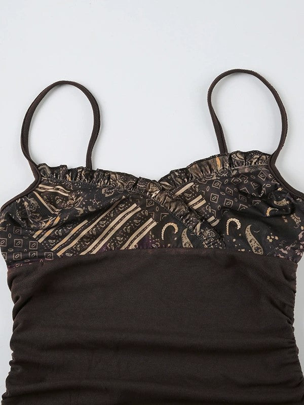 BROWN CAMISOLE TOP WITH PATTERNED BUST IN RICH BROWN TONES