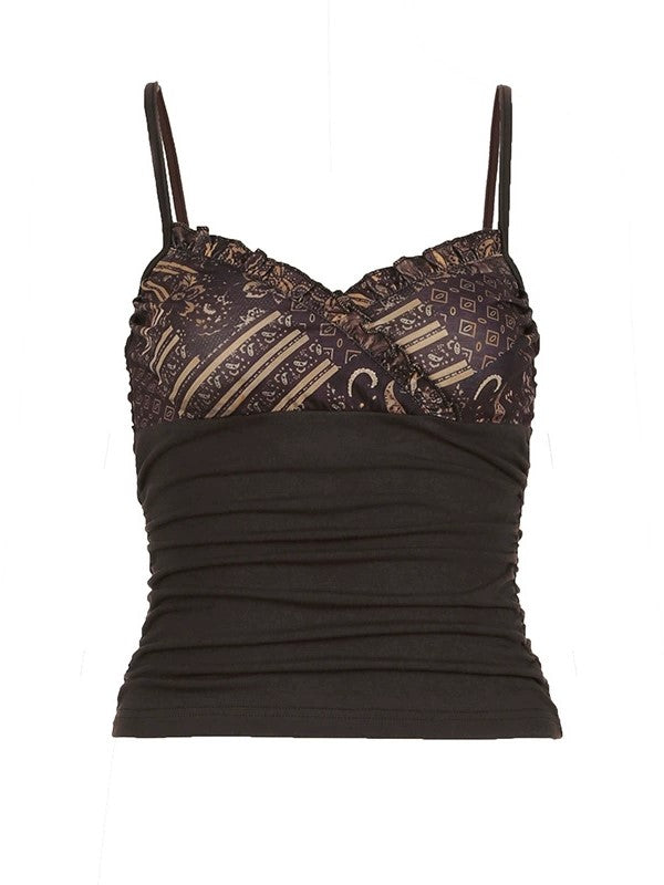BROWN CAMISOLE TOP WITH PATTERNED BUST IN RICH BROWN TONES