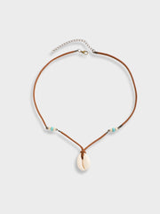 BROWN CORD NECKLACE WITH COWRIE SHELL PENDANT FOR BEACH STYLE