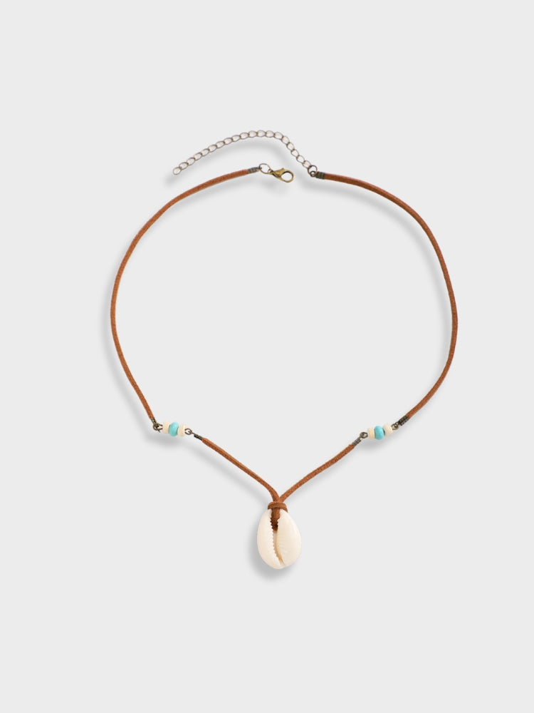 BROWN CORD NECKLACE WITH COWRIE SHELL PENDANT FOR BEACH STYLE