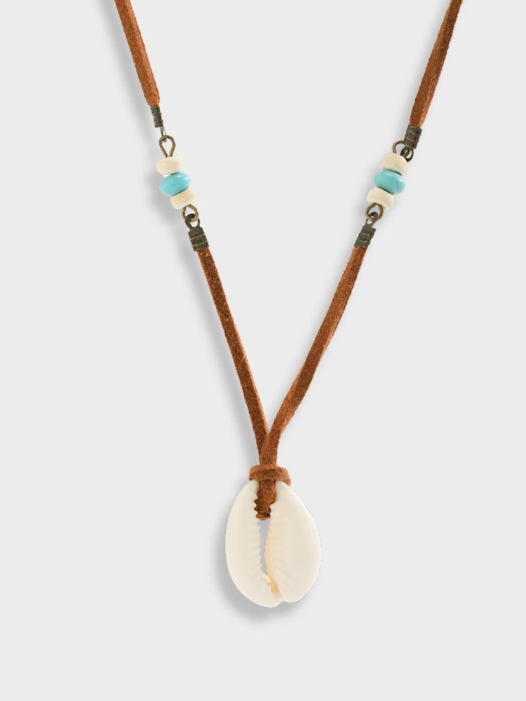 BROWN CORD NECKLACE WITH COWRIE SHELL PENDANT FOR BEACH STYLE