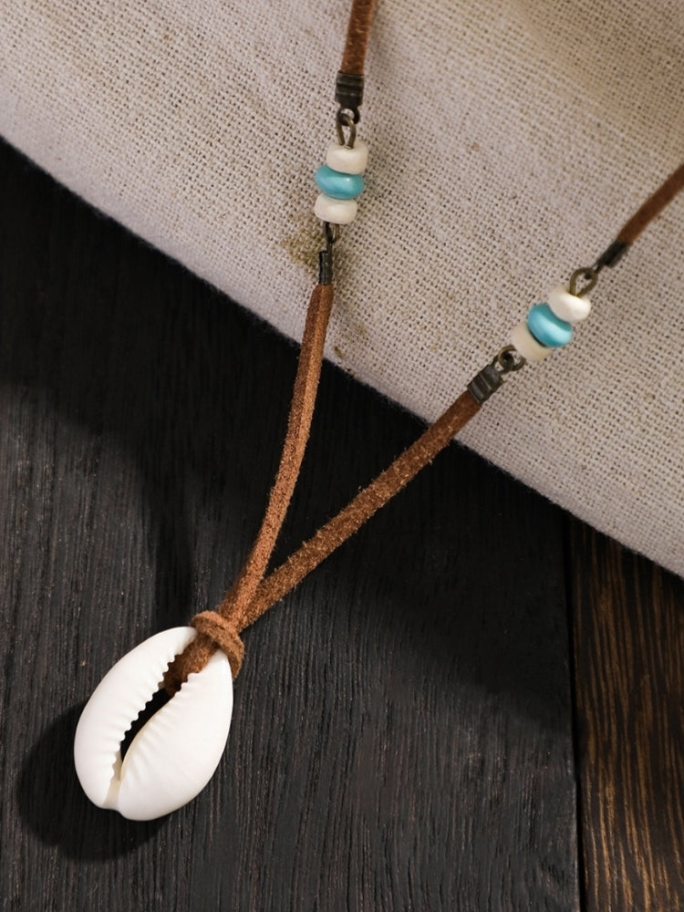 BROWN CORD NECKLACE WITH COWRIE SHELL PENDANT FOR BEACH STYLE