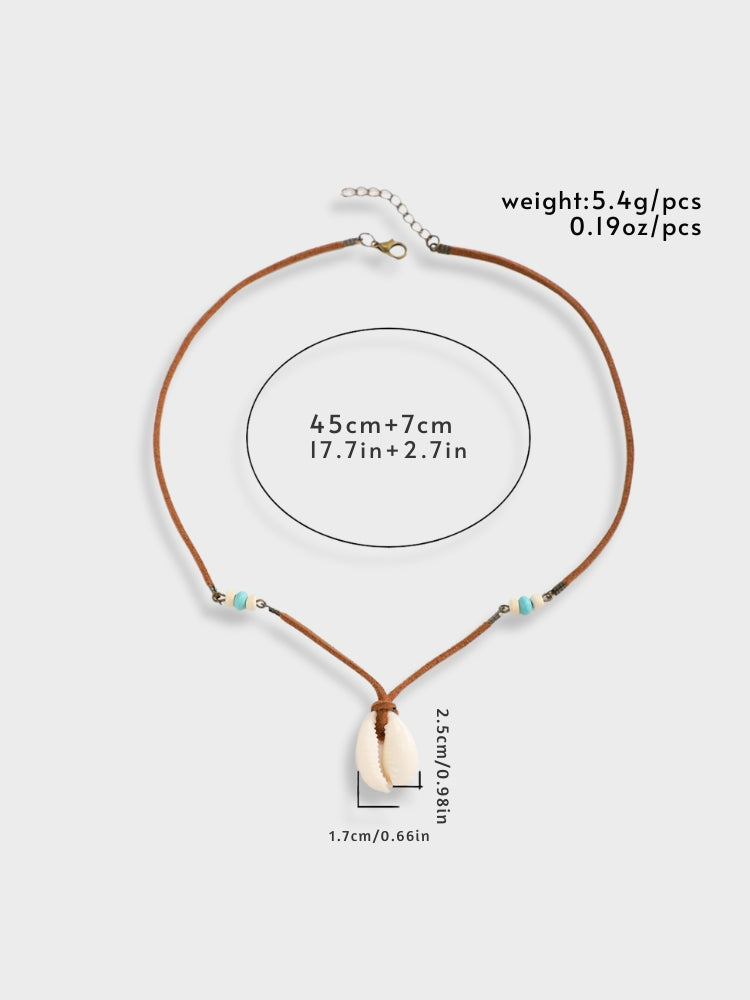 BROWN CORD NECKLACE WITH COWRIE SHELL PENDANT FOR BEACH STYLE