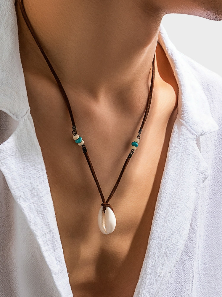 BROWN CORD NECKLACE WITH COWRIE SHELL PENDANT FOR BEACH STYLE