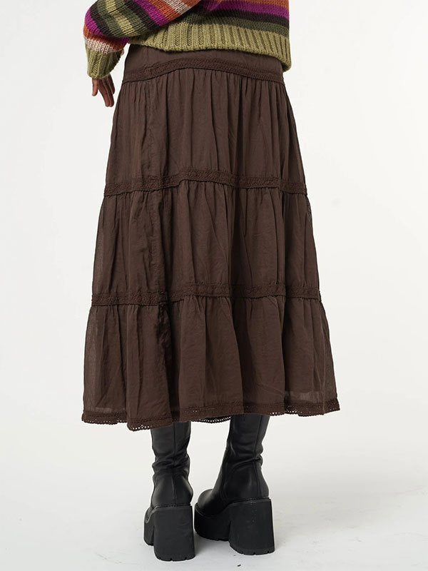 BROWN CORDUROY BAG WITH FLORAL CROCHET AND INSECT PATCH VINTAGE TIERED