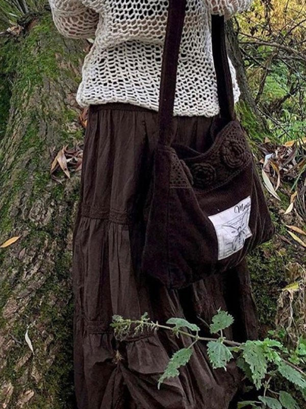 BROWN CORDUROY BAG WITH FLORAL CROCHET AND INSECT PATCH VINTAGE TIERED