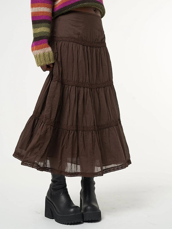 BROWN CORDUROY BAG WITH FLORAL CROCHET AND INSECT PATCH VINTAGE TIERED