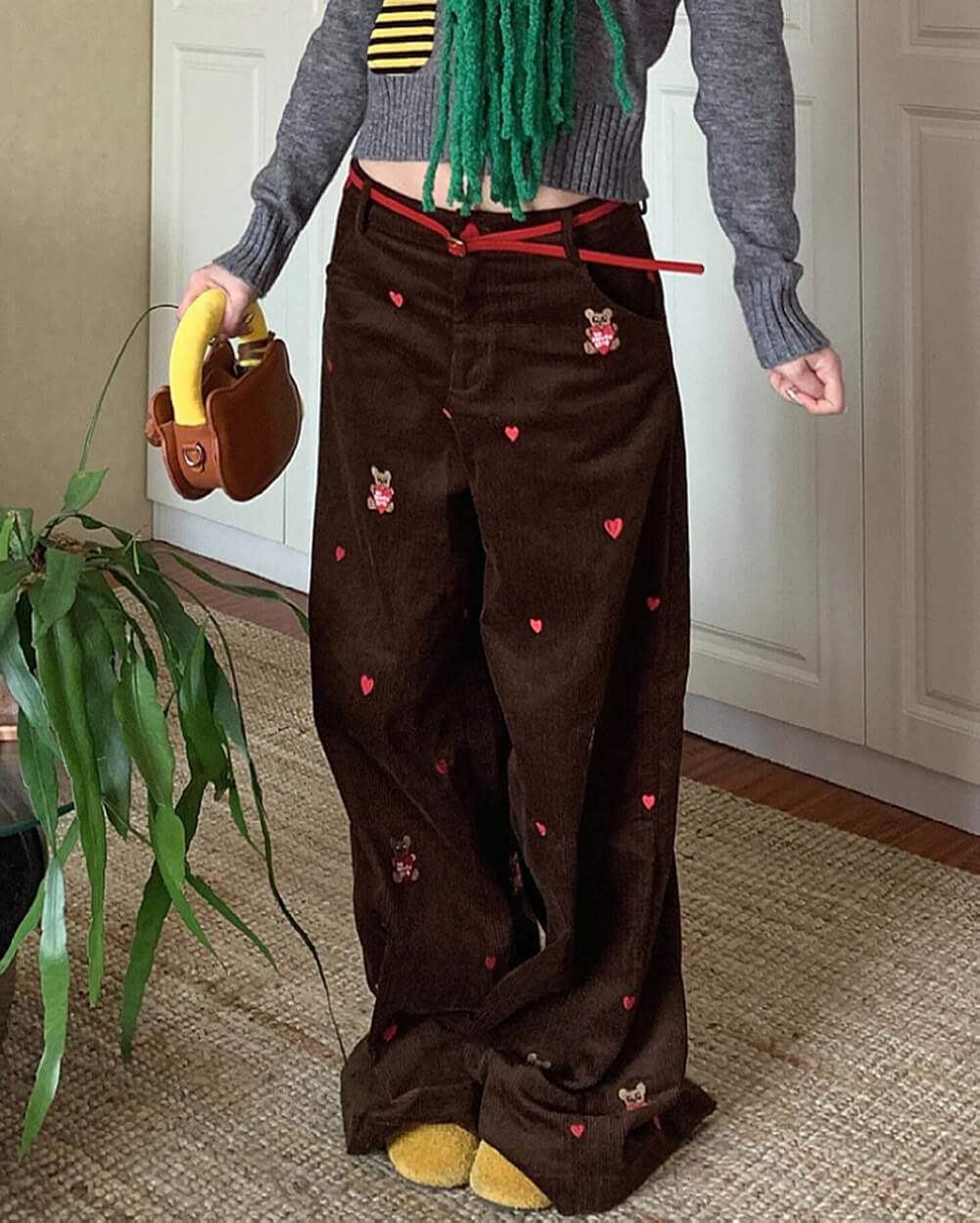 BROWN CORDUROY PANTS WITH BEAR EMBROIDERY CORD