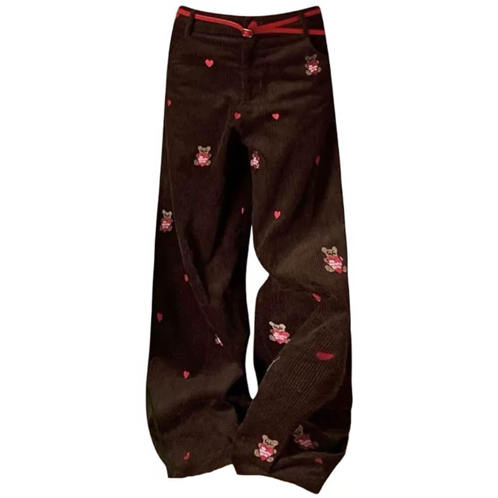 BROWN CORDUROY PANTS WITH BEAR EMBROIDERY CORD