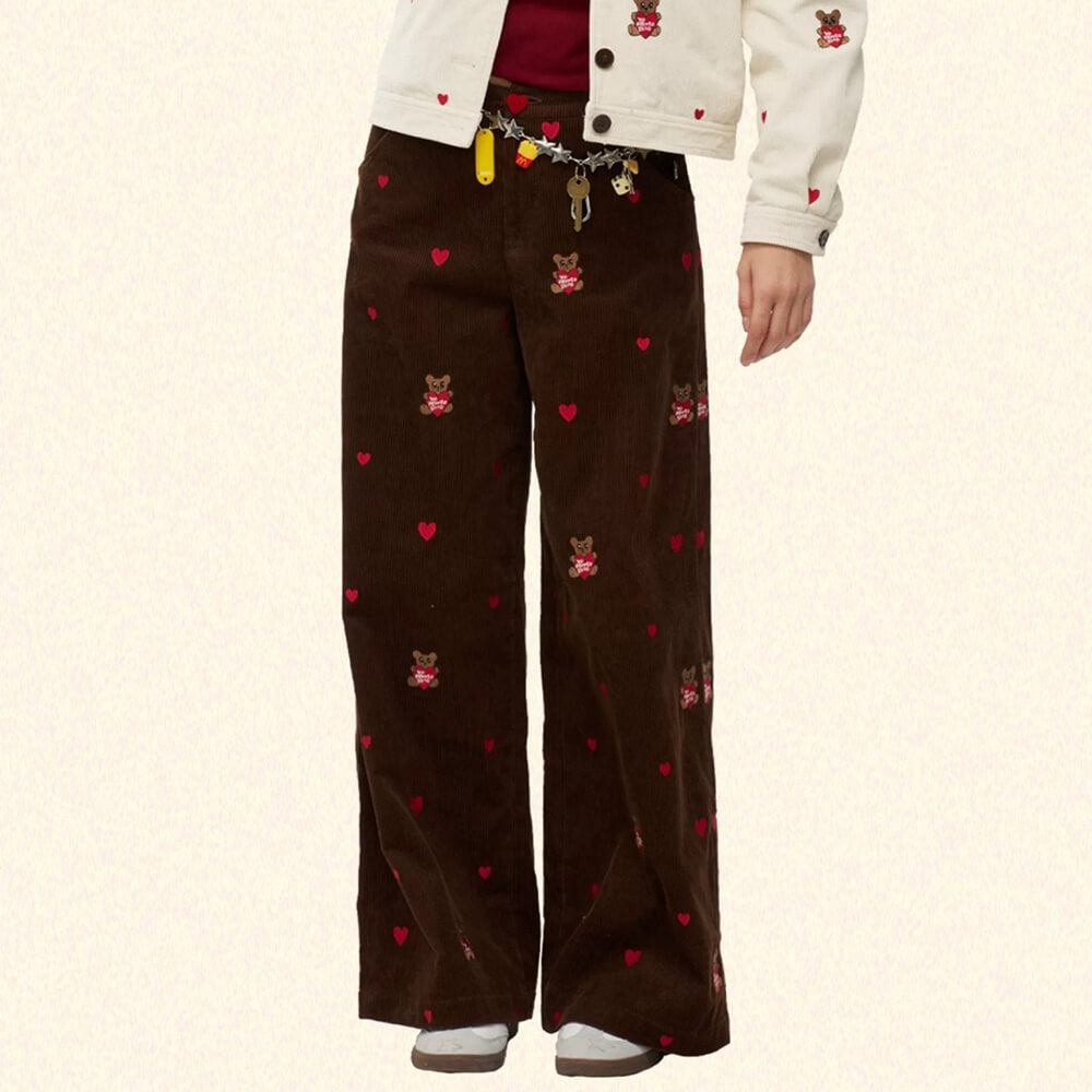 BROWN CORDUROY PANTS WITH BEAR EMBROIDERY CORD