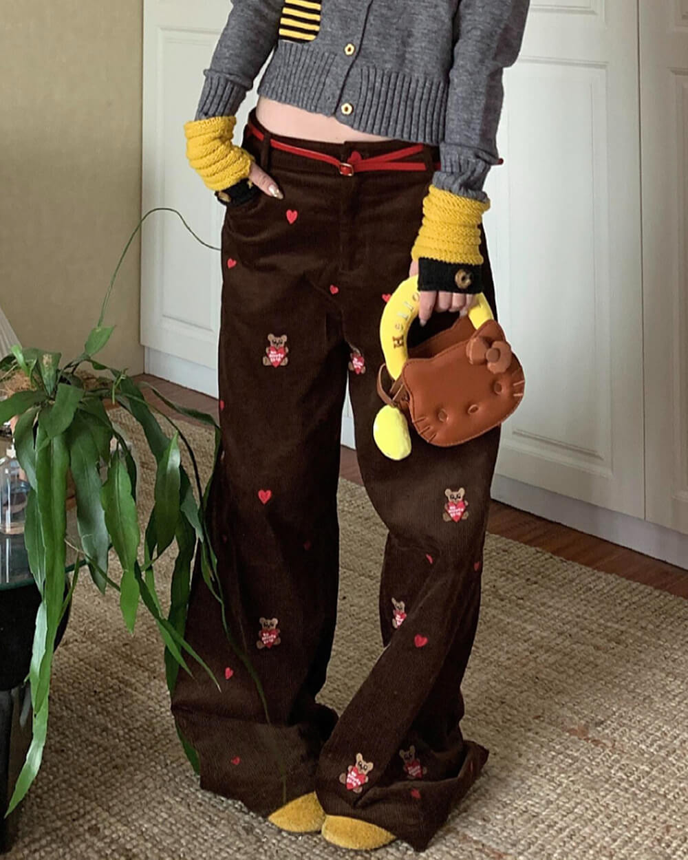 BROWN CORDUROY PANTS WITH BEAR EMBROIDERY CORD