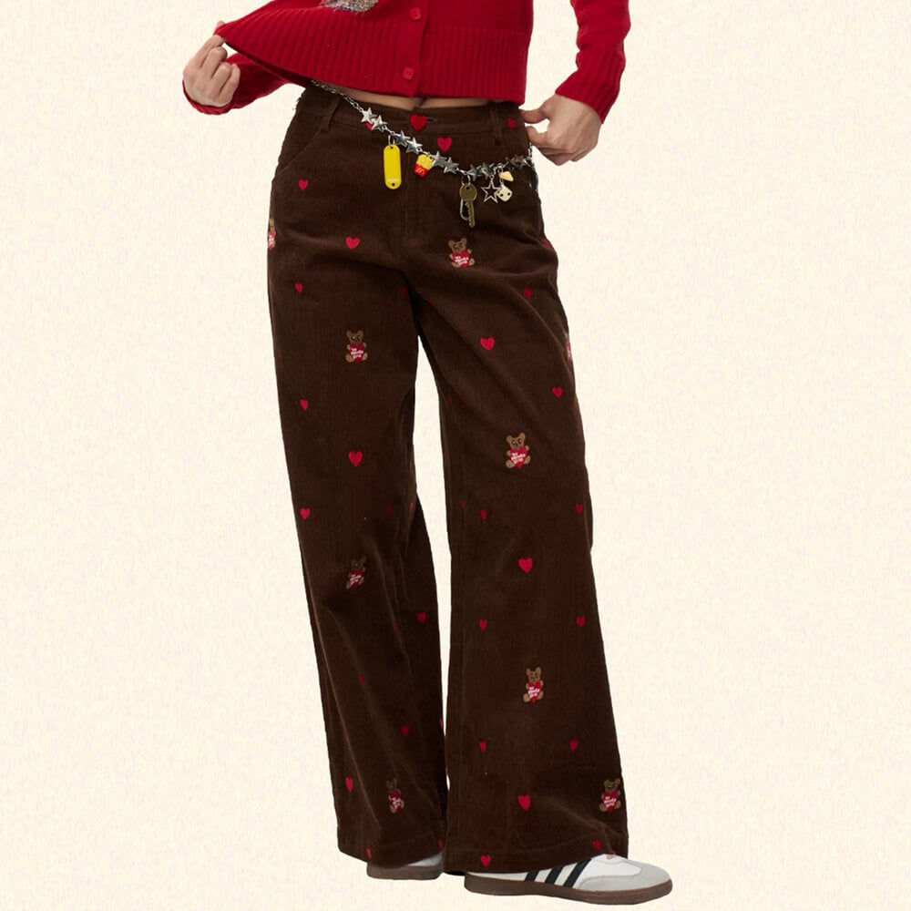 BROWN CORDUROY PANTS WITH BEAR EMBROIDERY CORD