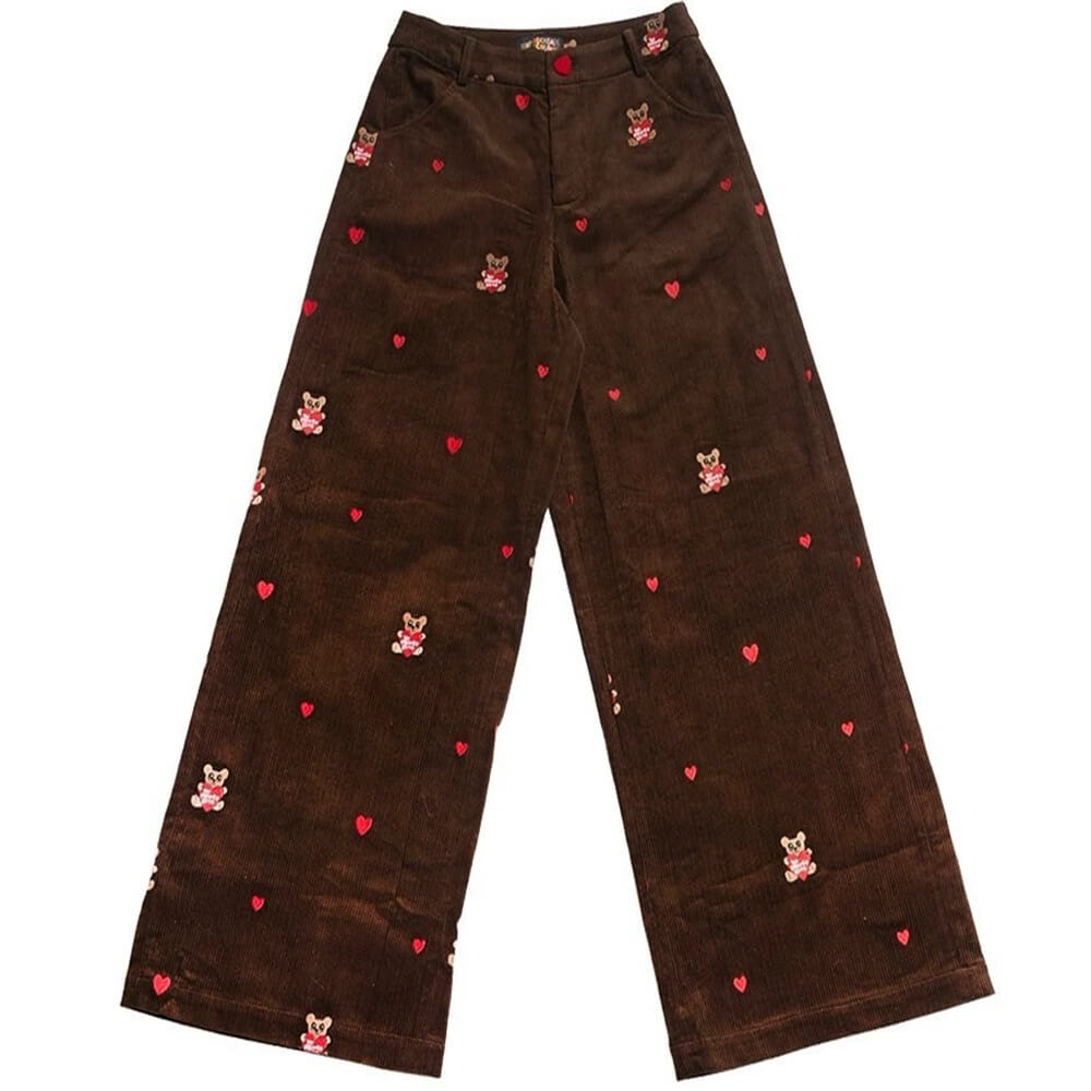 BROWN CORDUROY PANTS WITH BEAR EMBROIDERY CORD