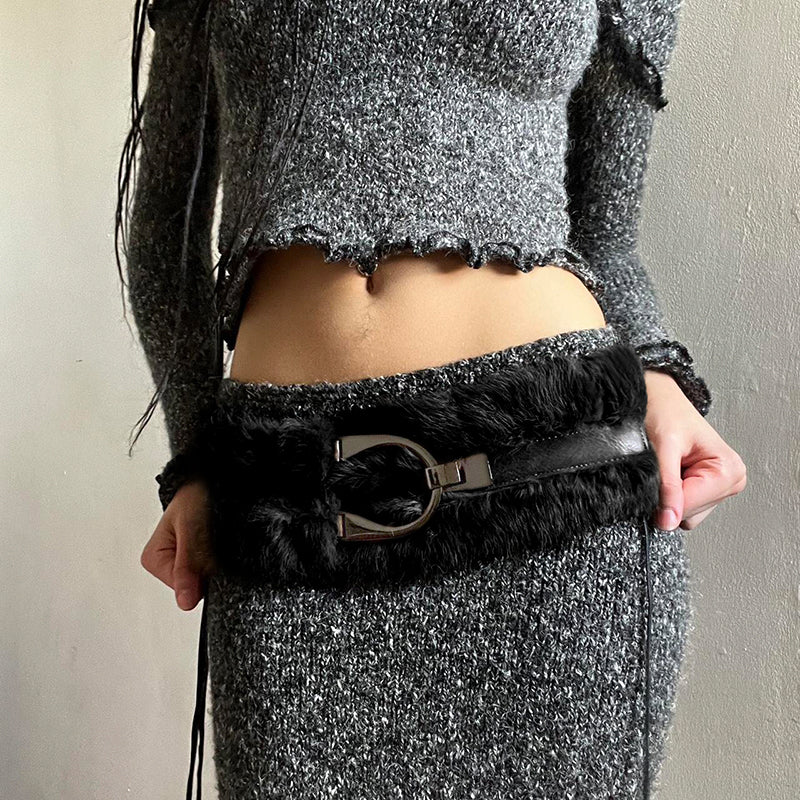 BROWN FAUX FUR BELT WITH BUCKLE DETAIL