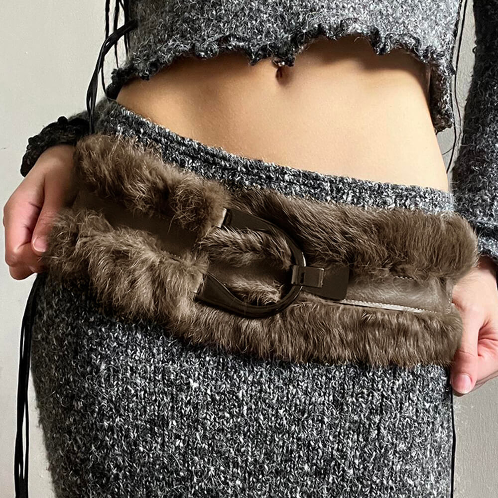 BROWN FAUX FUR BELT WITH BUCKLE DETAIL